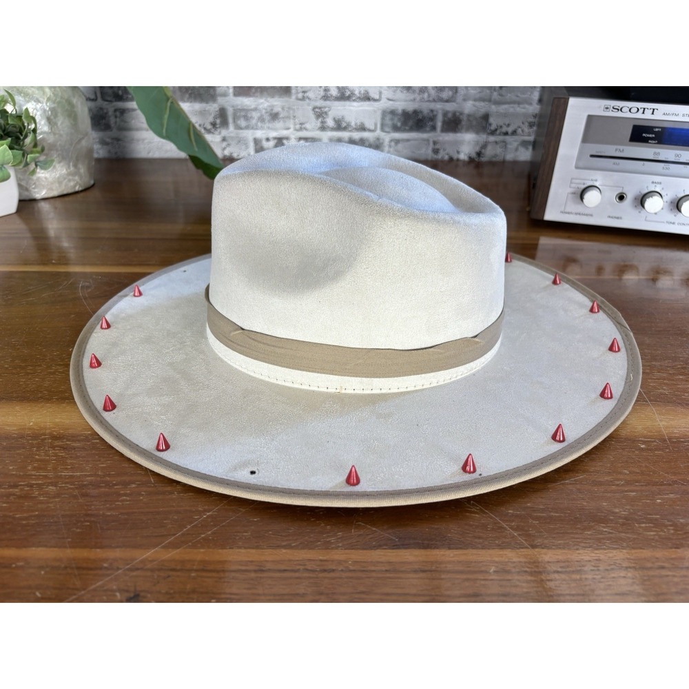 Summit Hats Cream Suede Fedora Wide Brim Spiked Cone Studs Feather Festival Sz L - Picture 3 of 11